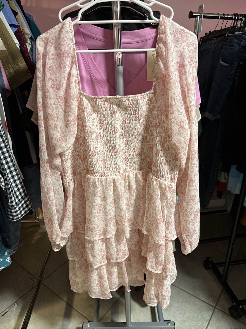 Floral Pink Long-Sleeve Ruffle Dress